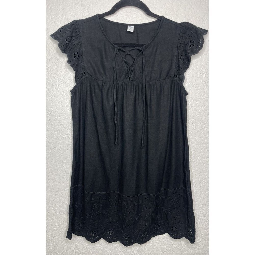 Old Navy Linen Blend Black Boho Dress Size Medium Ruffle Sleeve Eyelet Trim‎